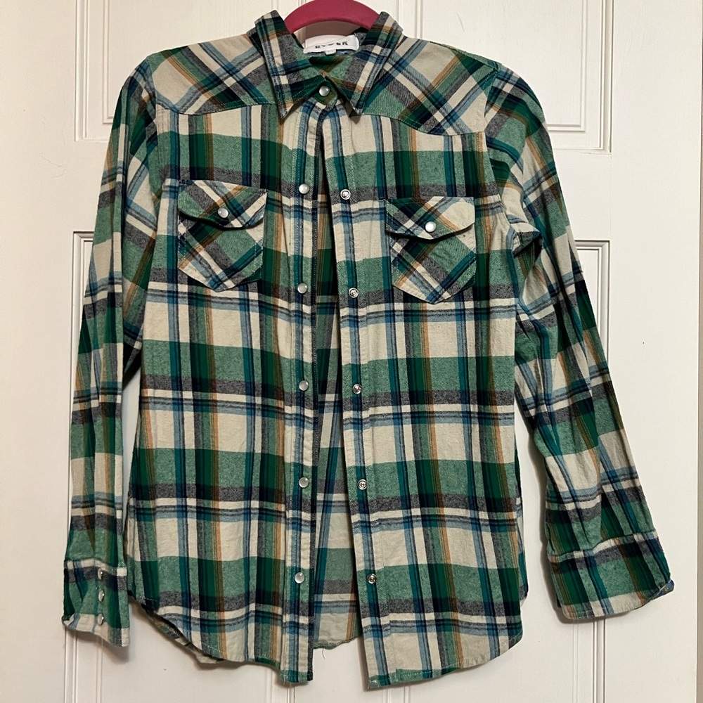 Great plaid flannel with snap front and floral placket